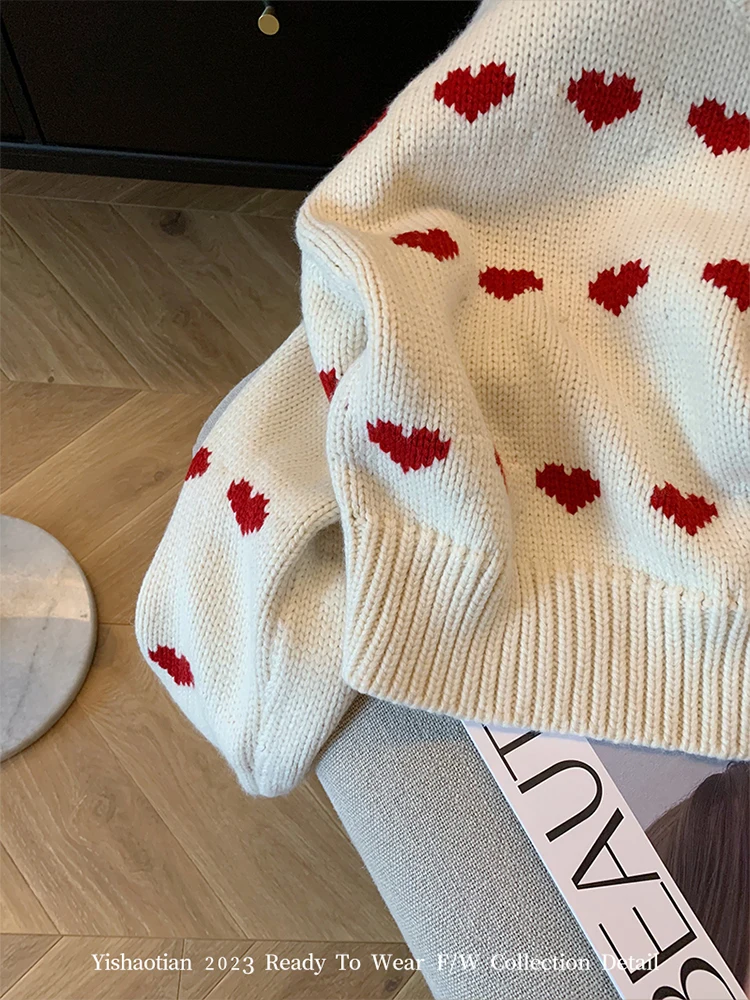 Fashion Simple Classical Knitted Sweater Heart  Print O-Neck Long Sleeve Pullovers Preppy Style Sweet Chic Autumn Y2K Streetwear