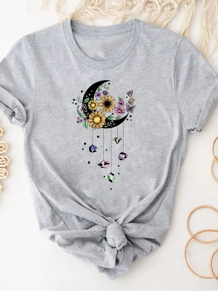 Women Clothing Print Gray T Shirt Short Sleeve Summer Top Plant Flower Trend Fashion Clothes Basic Tee Graphic T-shirt