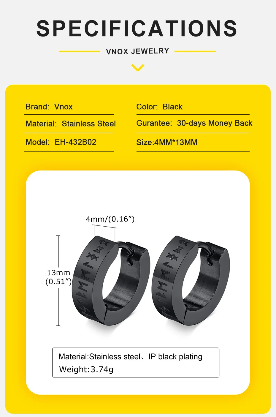 Vnox Männer Nordische Wikinger Runen Creolen, 13 mm Edelstahl Huggie Ohr Geschenke Schmuck für männliche Jungen – Detail 4
