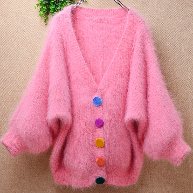 

04 Female Women Fall Winter Clothing Pink Hairy Mink Cashmere Knitted Long Batwing Sleeves V-Neck Loose Cardigans Jacket Sweater