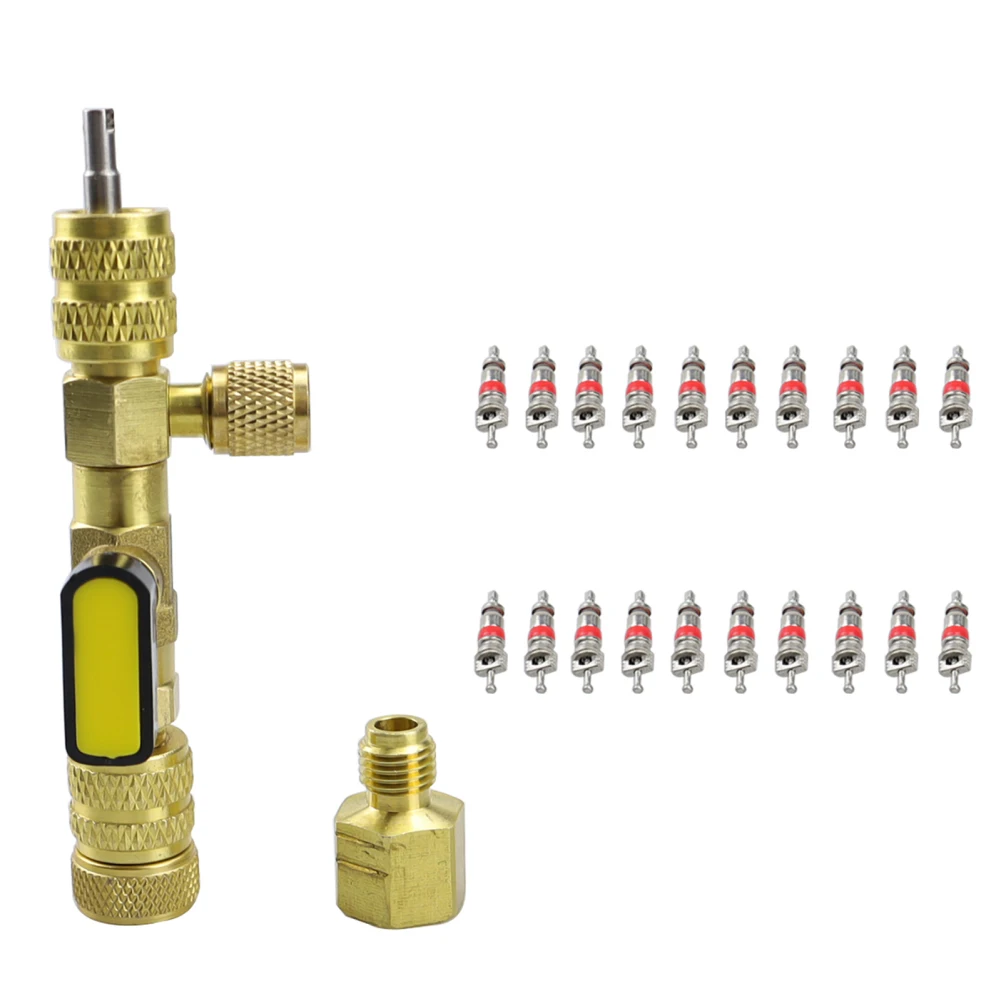 

Air Conditioning Valve Core Remover/Installer Line Repair Tools With Dual Size SAE 1/4 5/16 Port With 20 Valve Cores