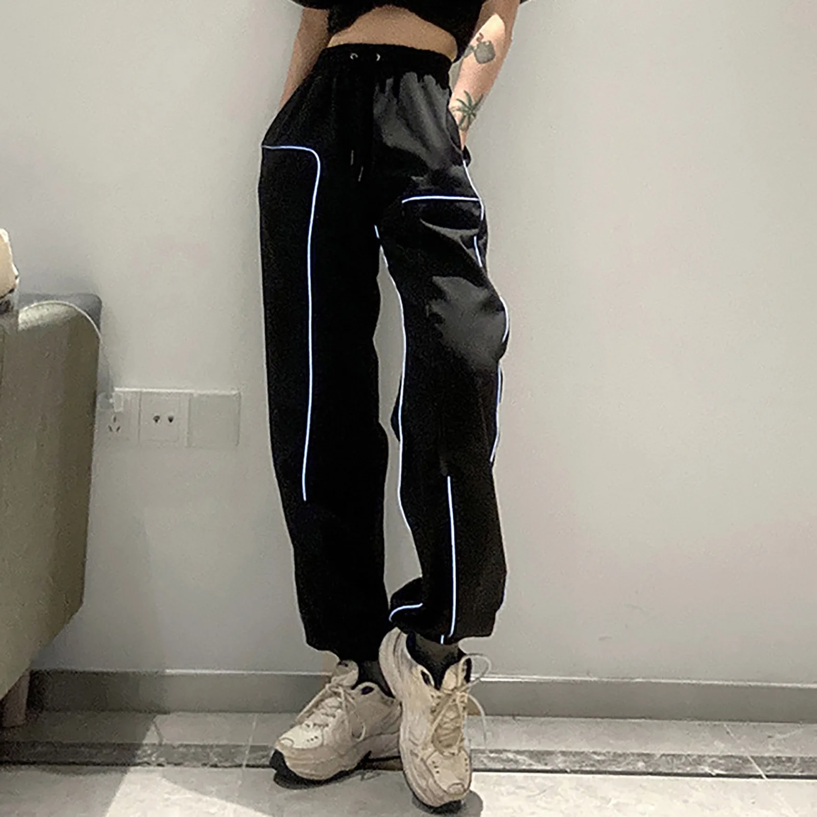 

Sporty Loose High Waisted Trousers Casual Patchwork Pockets Drawstring Cargo Pants Female Jogger Fashion Harem Sweatpants