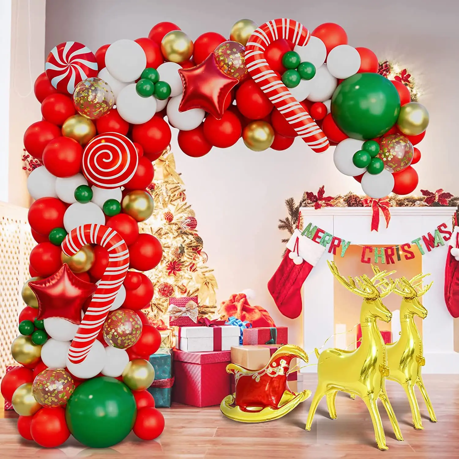 

Christmas Green Balloons Arch Kit Red White Gold Confetti Latex Balloon Christmas Candy Cane Star Foil Globos Decoration 2024