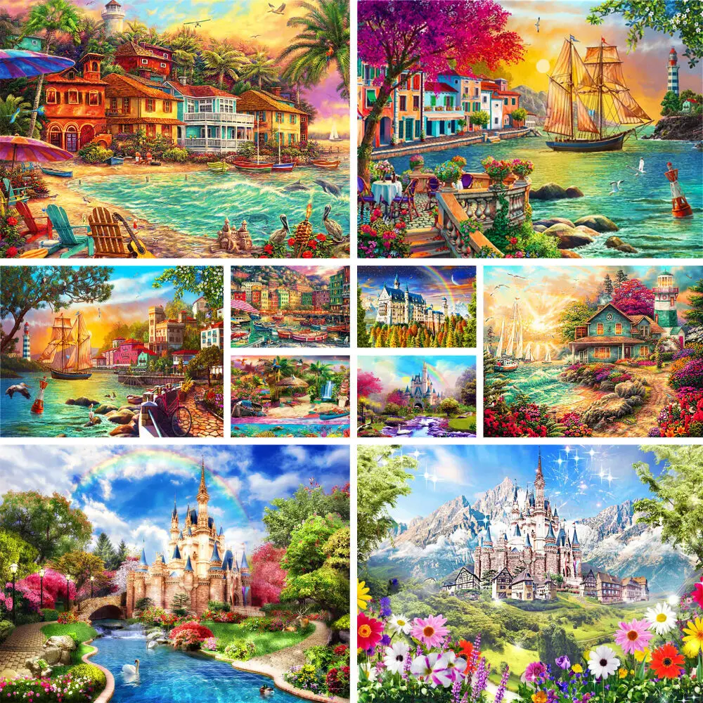 Landschaft Schloss Gedruckt Leinwand Kreuzstich DIY Stickerei Muster Handarbeit Nähen Handgemachte Malerei Paket Nadel Gestempelt – Detail 11