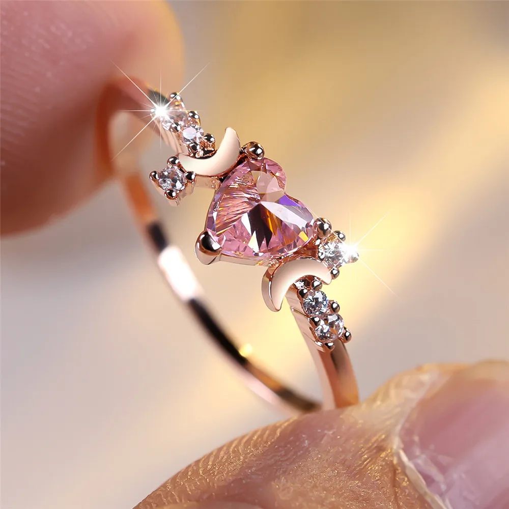 2025 Fashion Style Cute crescent shaped elegant artificial stone ring for women, vintage rose gold ring, wedding jewelry_voghion.com