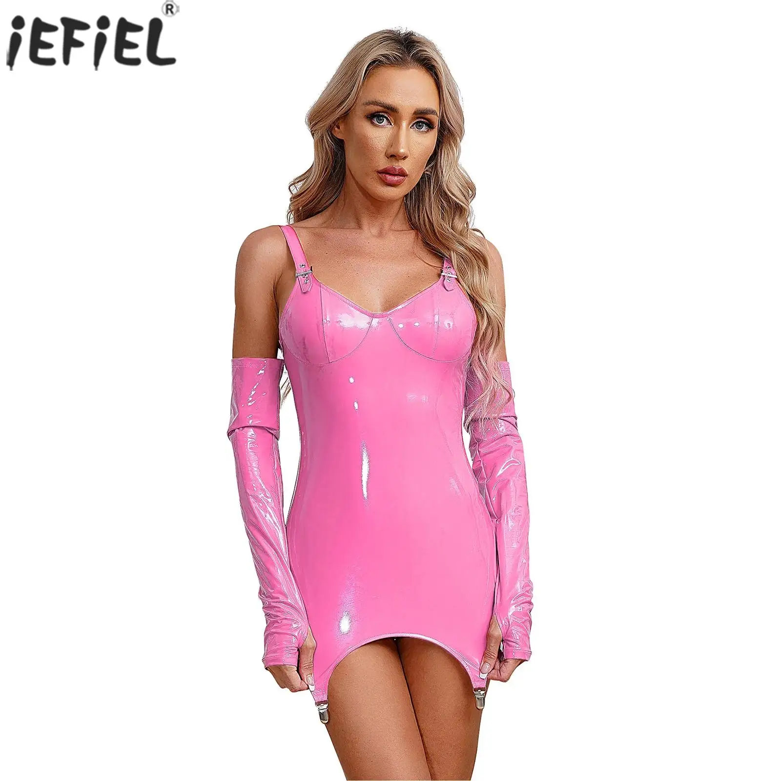 

Womens Wetlook Patent Leather Bodycon Dress with Garter Clips Sexy Latex Leather Back Zipper Mini Dress Sexy Clubwear Lingerie