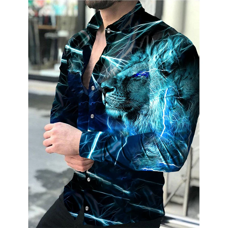 Luxury Social Men Shirts Turn-down Collar Buttoned Shirt Casual Tiger Print Long Sleeve Tops Men's Clothing Prom Party Cardigan short sleeve button down