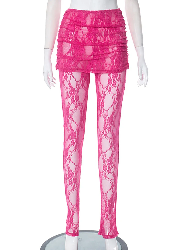 Fantoye Sexy See Through Lace Ruched Women Pant Pink High Waist Print Floral Trousers Autumn Slim Elegant Night Clubwear 2023