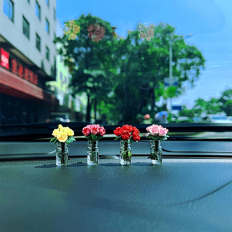 

1PC Cute Car Interior Decoration Mini Rose Sunflower Vase Auto Center Console Decoration Ornaments For Car Gifts Accessories