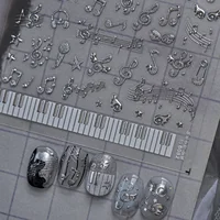 Autocollants 5D pour ongles, motif clé de sol argentée, note musicale, clavier de piano, casque, micro, archet, étoile, pour filles 1