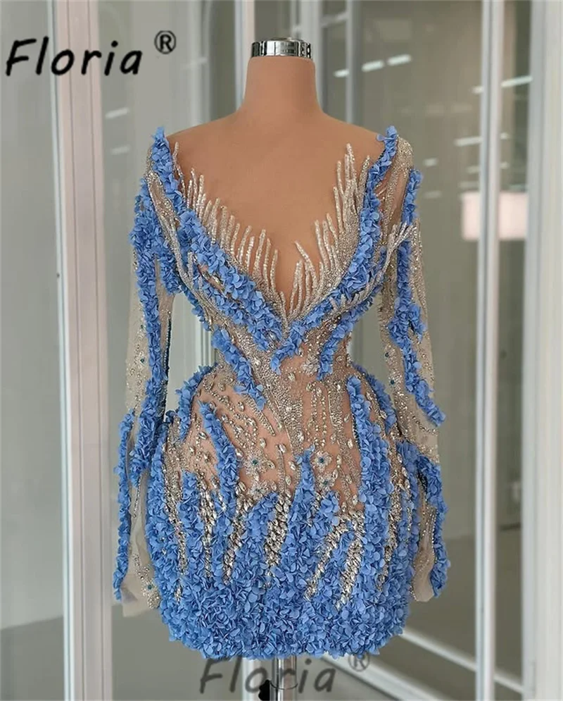 Luxury Beads Cocktail Dresses Blue Crystal Dubai Appliques Party Prom Gown