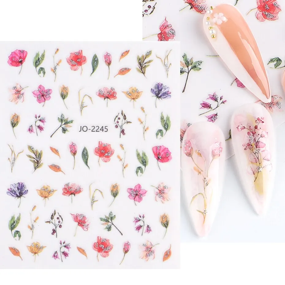 Design Shiny Flowers Nail Sticker 12pcs 3D Pink Spring Blossom Nail Art Decals Green Leaves Sliders DIY Decorate Manicure nail stickers nail art decoration nail decals flower stickers