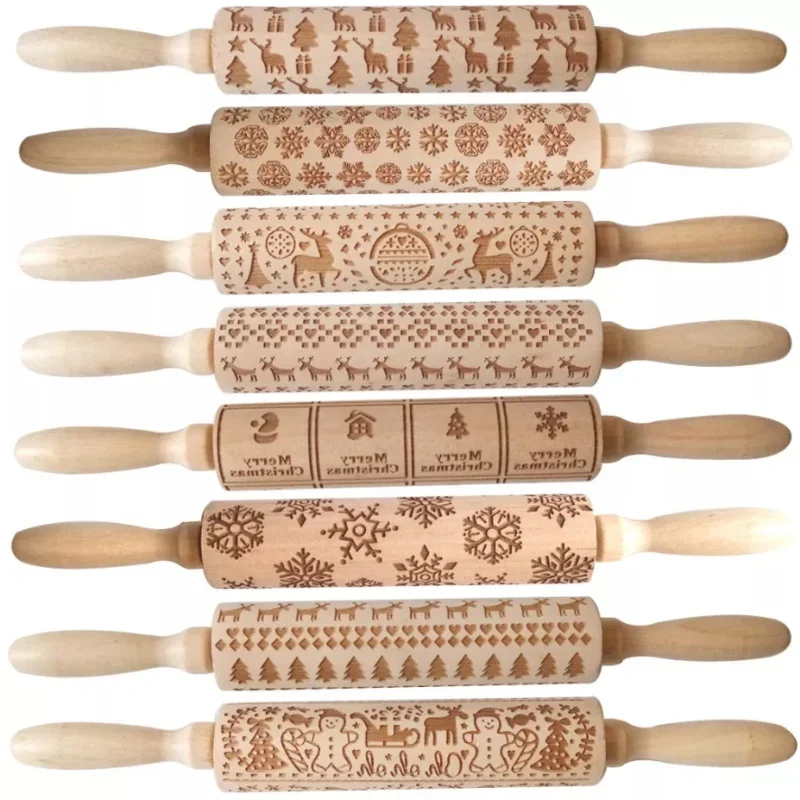 

Christmas Elk Pattern Kitchen Supplies Rolling Pin Wooden Laser Carving Roller Embossed Rolling Pin Household Baking Accessories