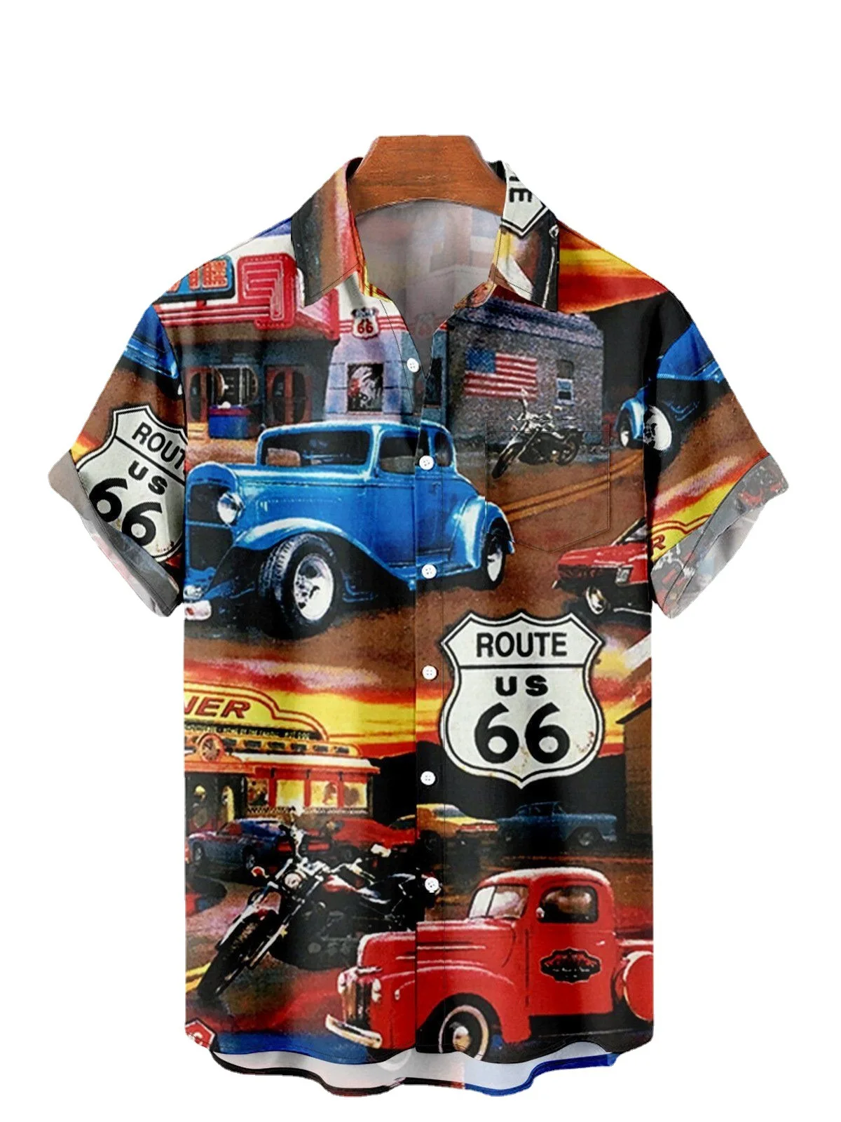 

Hawaiian New Men's Shirt Route 66 Street Classic 3d Printed Short Sleeve Tee Rock Music Lapel Plus Size Man Top Vintage Clothes