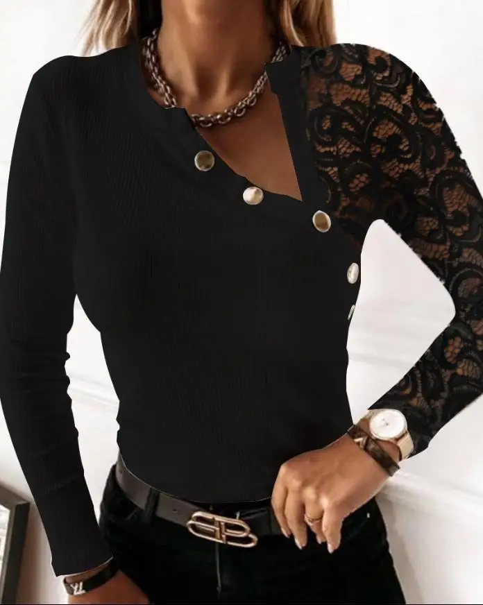 

Top for Women 2023 Contrast Lace Button Detail Long Sleeve Ribbed Top 2023 Daily Europe and America Fashion Women's Clothing