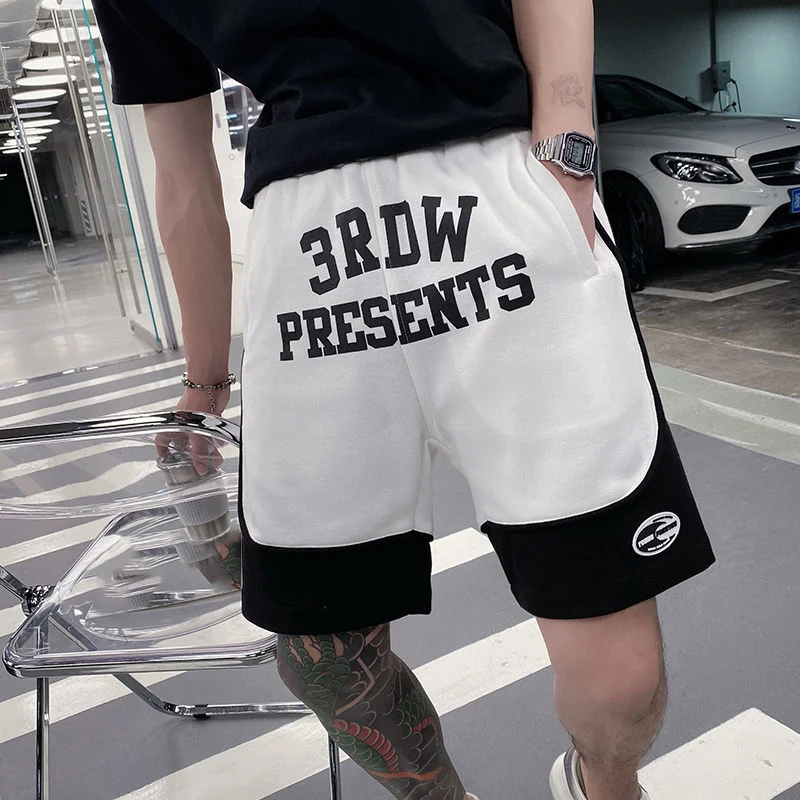 2022 Summer Men's Casual Letter Print Striped Patchwork Streetwear Shorts Korean Fashion Loose All-match Sports Five-point Pants