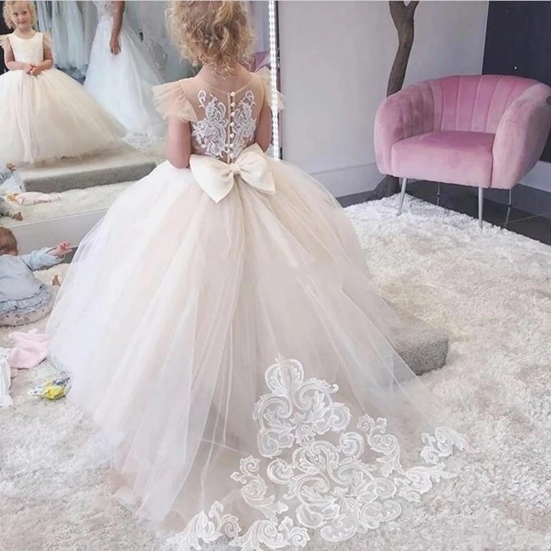 

Romantic White Flower Girl Dresses Lace Applique Long Sleeve for Weddings Girl Tulle Communion Pageant Party Dresses