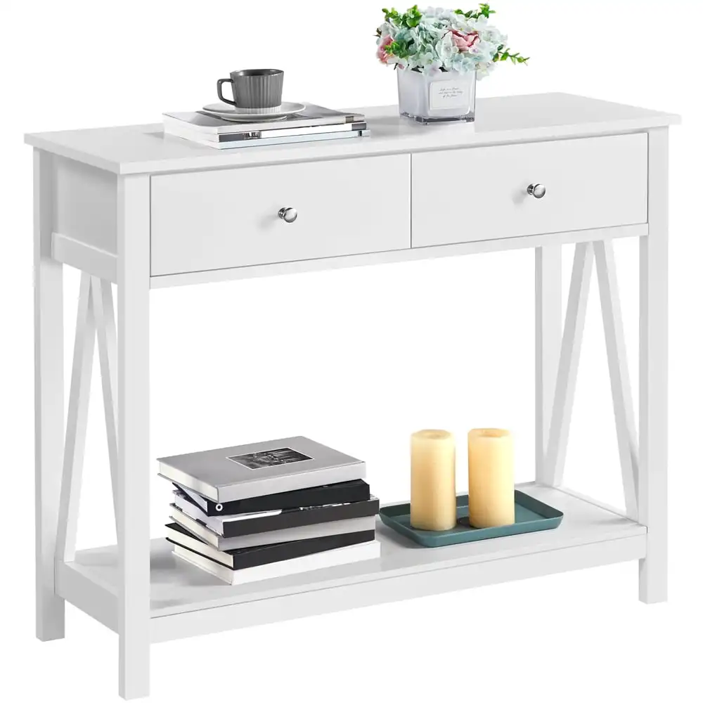 

Easyfashion Wooden Console Table Sofa Side Table with Drawer and Open Shelf for Entryway Living Room White