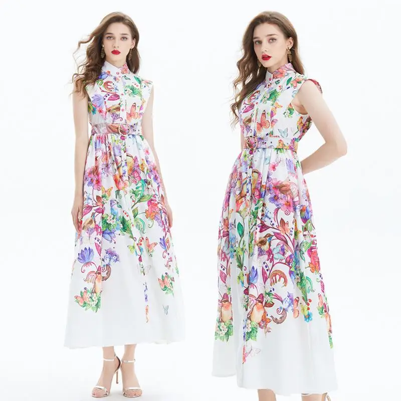 

2024 Floral Printed Woman Holidays Dress Sleeveless Fancy Leisure Dresses for Young Girls Stand-Up Collar Retro Long Vestidos