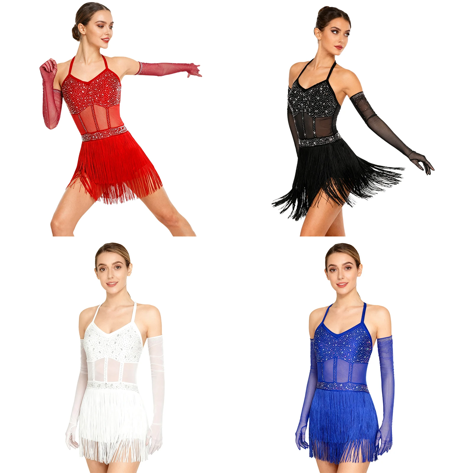 Damen Glänzendes Strass-Latein-Tango-Tanzkleid, Performance-Kostüm, Transparenter Mesh-Body mit Stufen und Quasten sowie lange Handschuhe – Detail 1