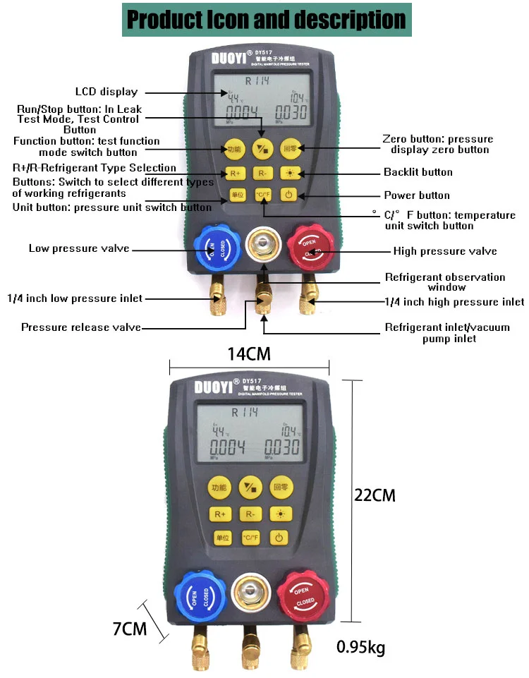 DAZZLEEX Tester di Pressione dell'azoto Strumento per banco di Prova a Freddo del HVAC Adatto per R134a, R22, R407C, R410A