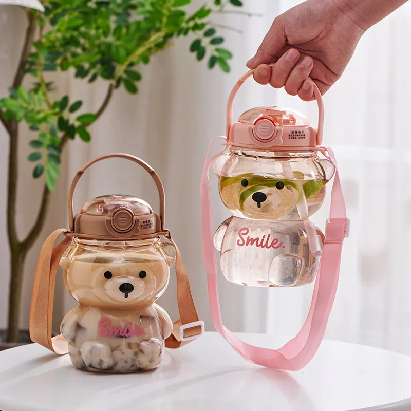 

1 L Water Bottle Cartoon Bear Plastic Water Cup with Straw Cute Drinking Cup Portable Mug Children Kawaii Strap Kettle