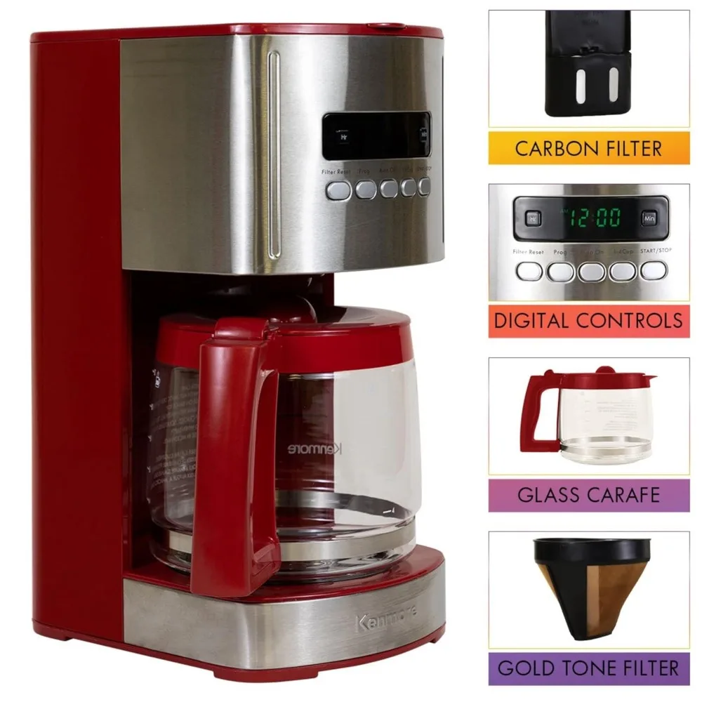 Control 12-cup Programmable Coffee Maker, Red and Stainless Steel Drip Coffee Machine, Glass Carafe, Reusable Filter, 4