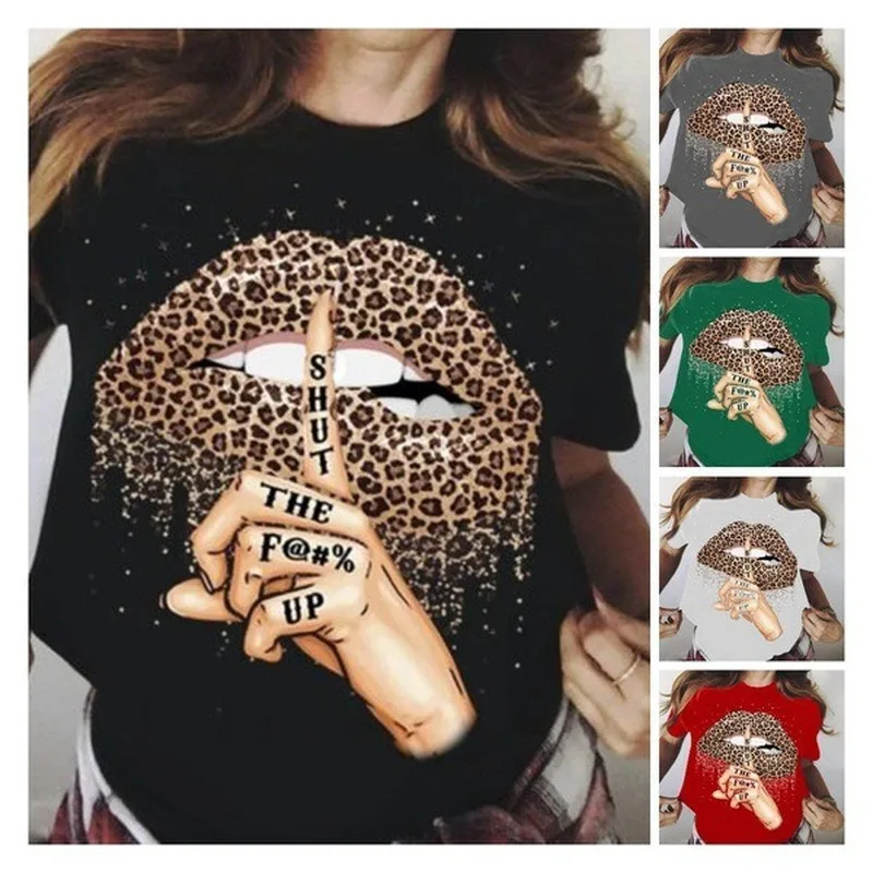 

Leopard Lip Shut Up Print T Shirt Women Short Sleeve O Neck Loose Tshirt Summer Women Tee Shirt Tops Camisetas Mujer