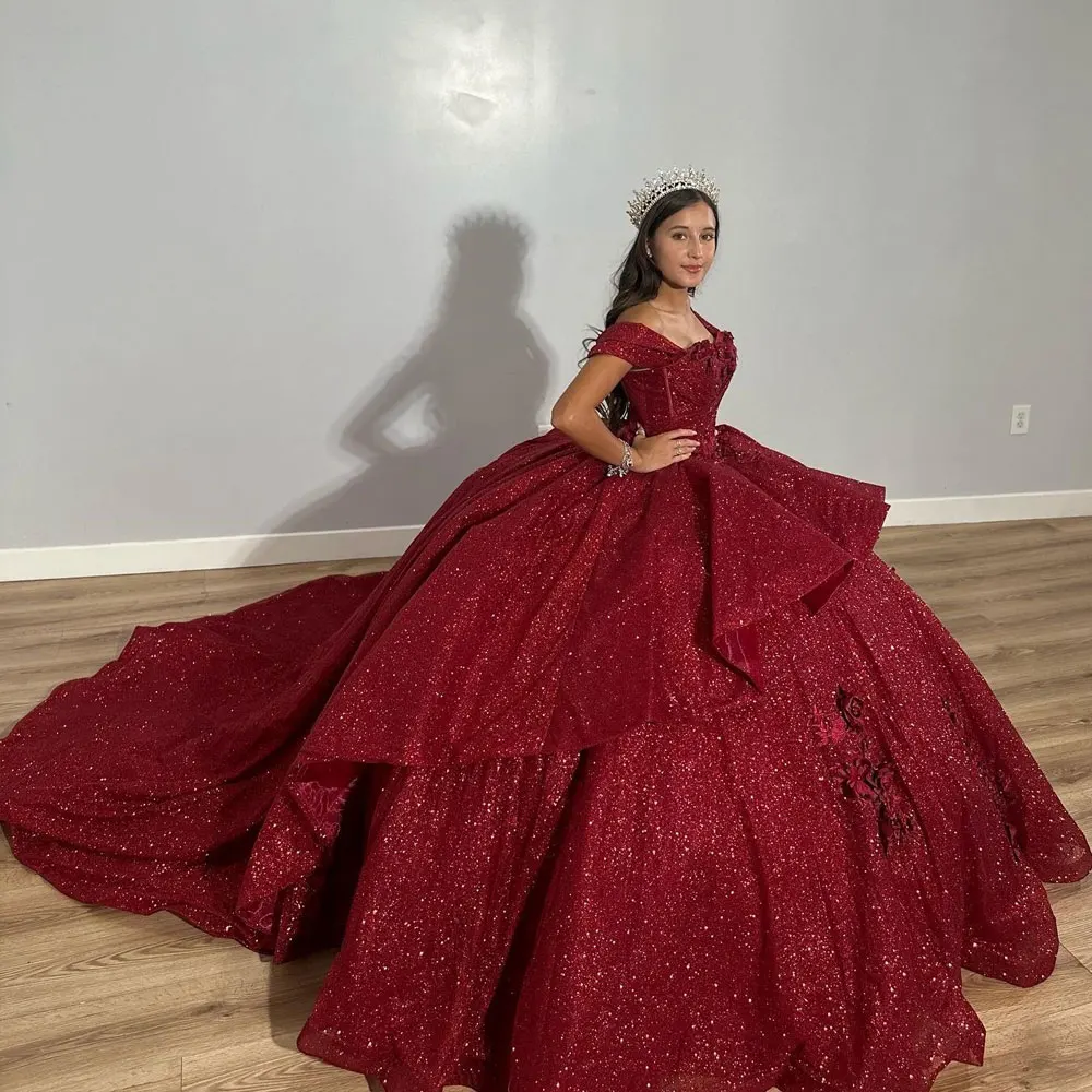 

Sparkly Burgundy Quinceanera Dress 2024 Ball Gown Off The Shoulder Corset Flower Pageant Sweet 15 Party Vestidos De XV Años Miss