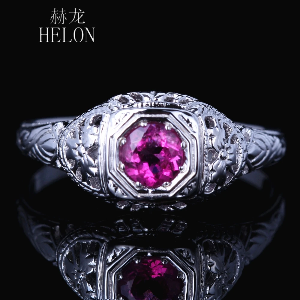 

HELON Solid 18k 14K 10k White Gold Ring Round 4mm Genuine Tourmaline Engagement Ring For Women Vintage Trendy Fine Jewelry
