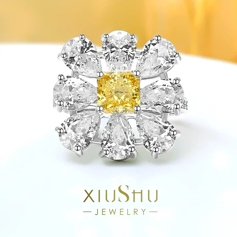 

Light Luxury and Sweet Flower Yellow Diamond 925 Sterling Silver Ring Inlaid with High Carbon Diamonds for Wedding