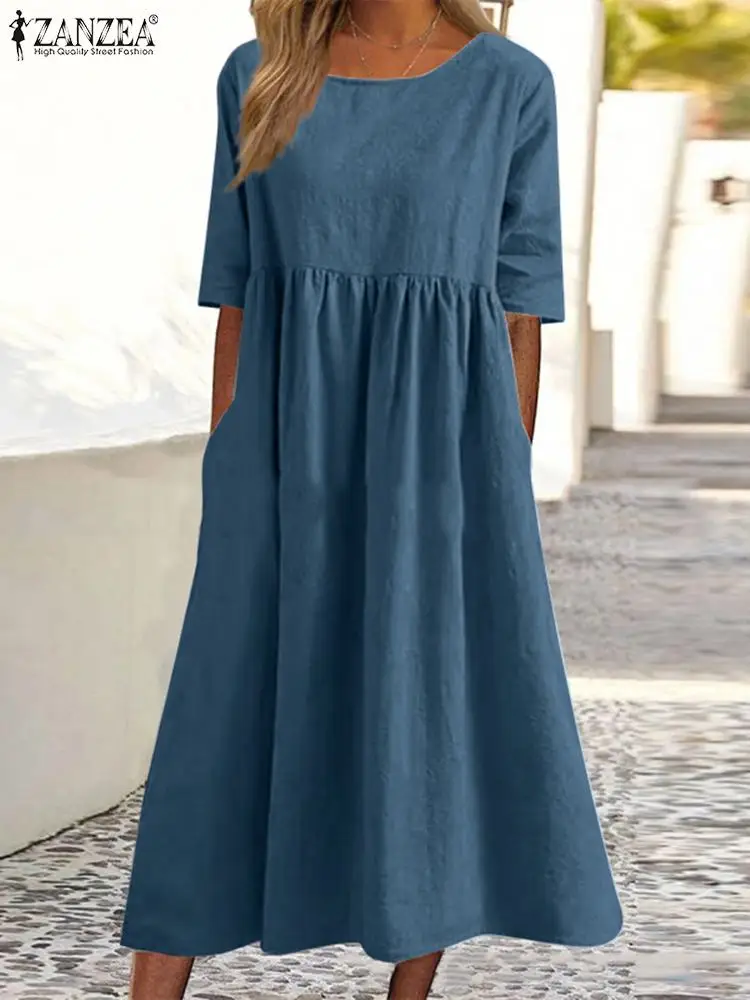 Zanzea Vintage Dress O-neck Half Sleeve Solid Dresses Summer Women Mid-calf Length Robe Female Causal Holiday Sundress Kaftan - Dresses - AliExpress - Одежда и аксессуары для женщин