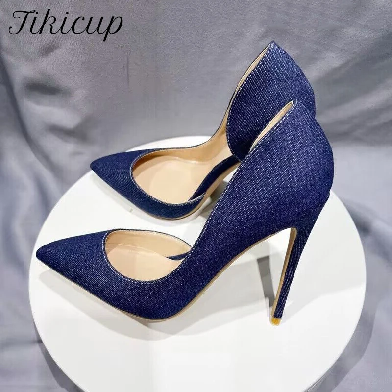 

Tikicup Women Navy Blue Denim Fabric Sexy D'Orsay Pointy Toe High Heel Shoes Elegant Comfortable Soft Stiletto Pumps Plus Size46