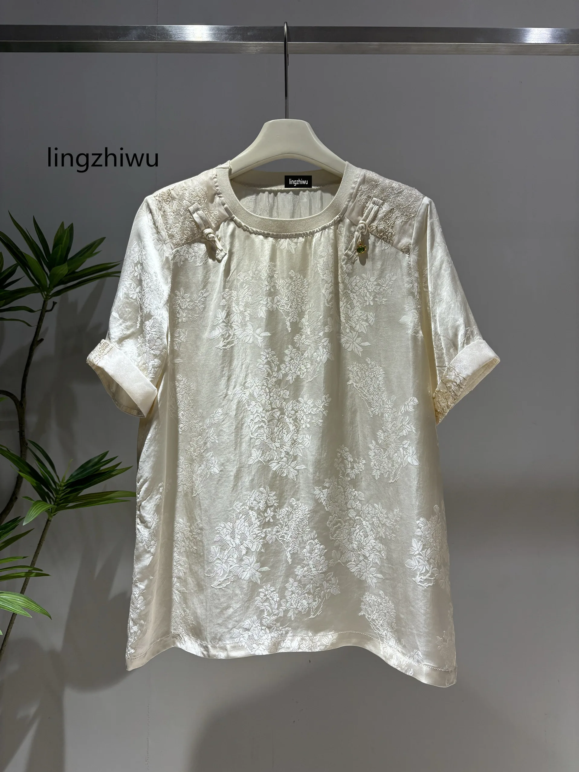 

lingzhiwu Chinese Style Top 2024 Summer O-Neck Jacquard Design Tops New Arrival