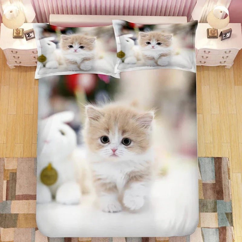 Super Cute Kitten Kids Bedding Set Kawaii Girl Quilt Cove King Queen Size Cute Cat Animal 3pcs Polyester Duvet Cover (No Sheet)