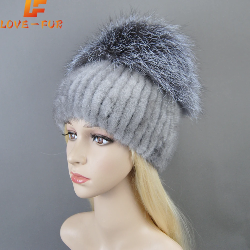 

Real Silver Fox Fur Hat Female Natural Mink Fur Winter Hats For Women Beanies Knitted Luxury Women's Real Mink Fur Beanies Hats