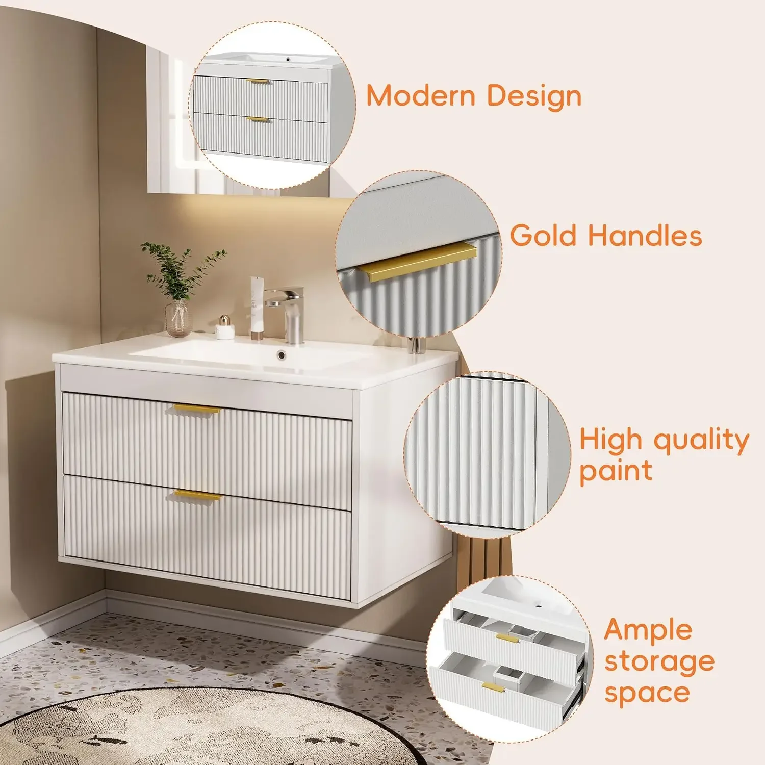 30'' Floating Bathroom Vanities with Sink, Wall Mounted Bathroom Floating Vanity with Ceramic Sink,2 Drawers, Soft-Close Doors 5