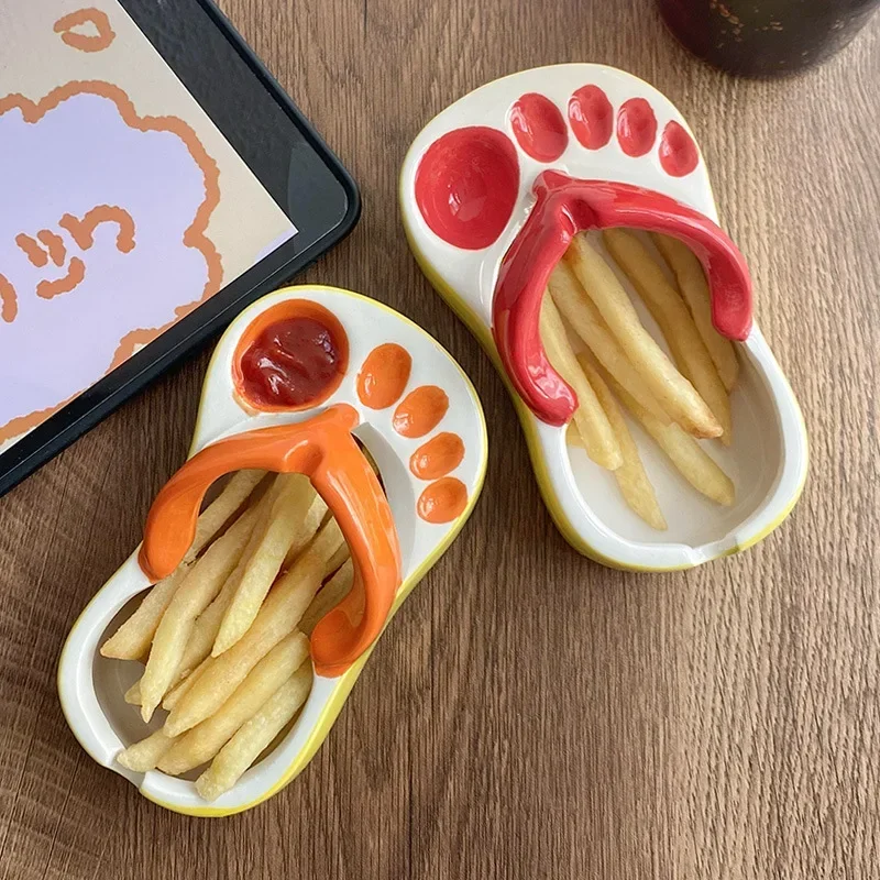 

Flip flops french fries, tomato sauce dipping plates, creative and flavorful cartoon character flip flop plates, flavored plates
