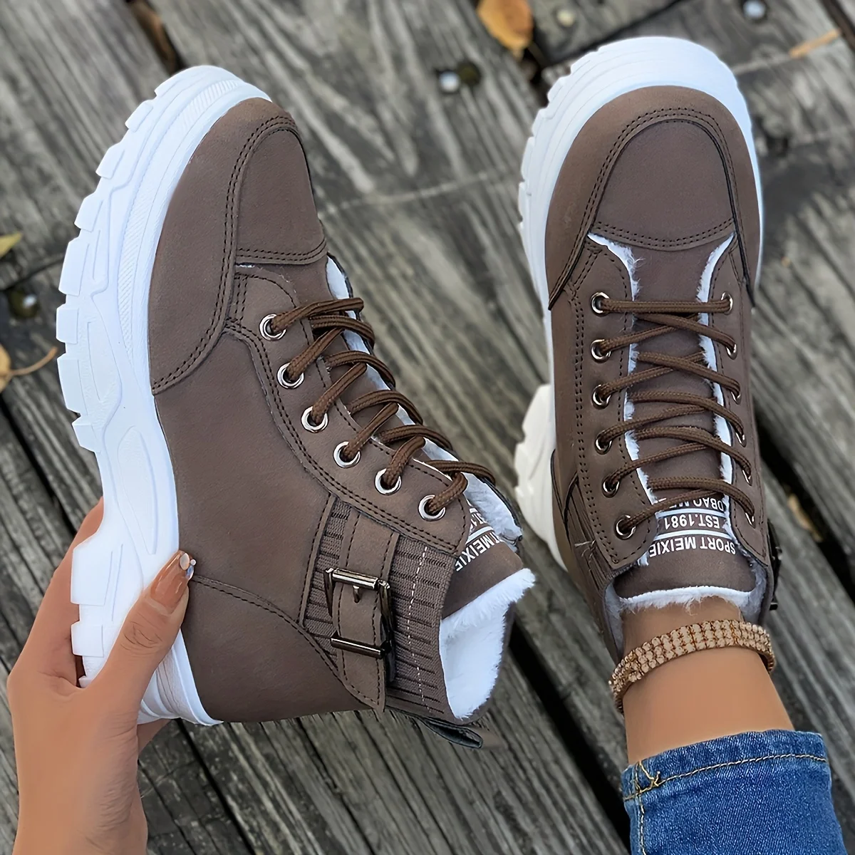 Women High Top Lace Up Buckle Boots - Image 7
