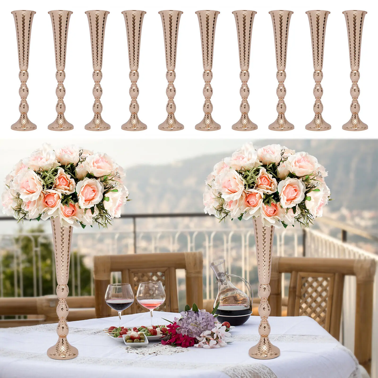 

10 x Metal Trumpet Vases Gold Iron Desktop Mount Wedding Party Centerpiece Vase 23.6" Tall Metal Trumpet Vase Candlestick