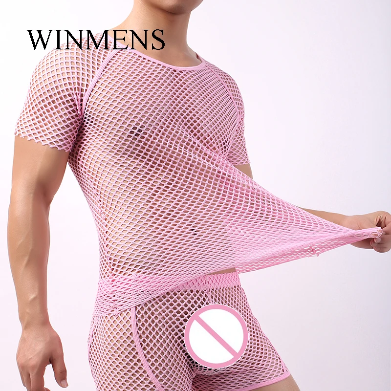 Men's See Through Large-mesh Undershirts Solid Cut-outs Super Stretch Short Sleeves Tops Gay Sissy Sexy Fishnet Base Shirts