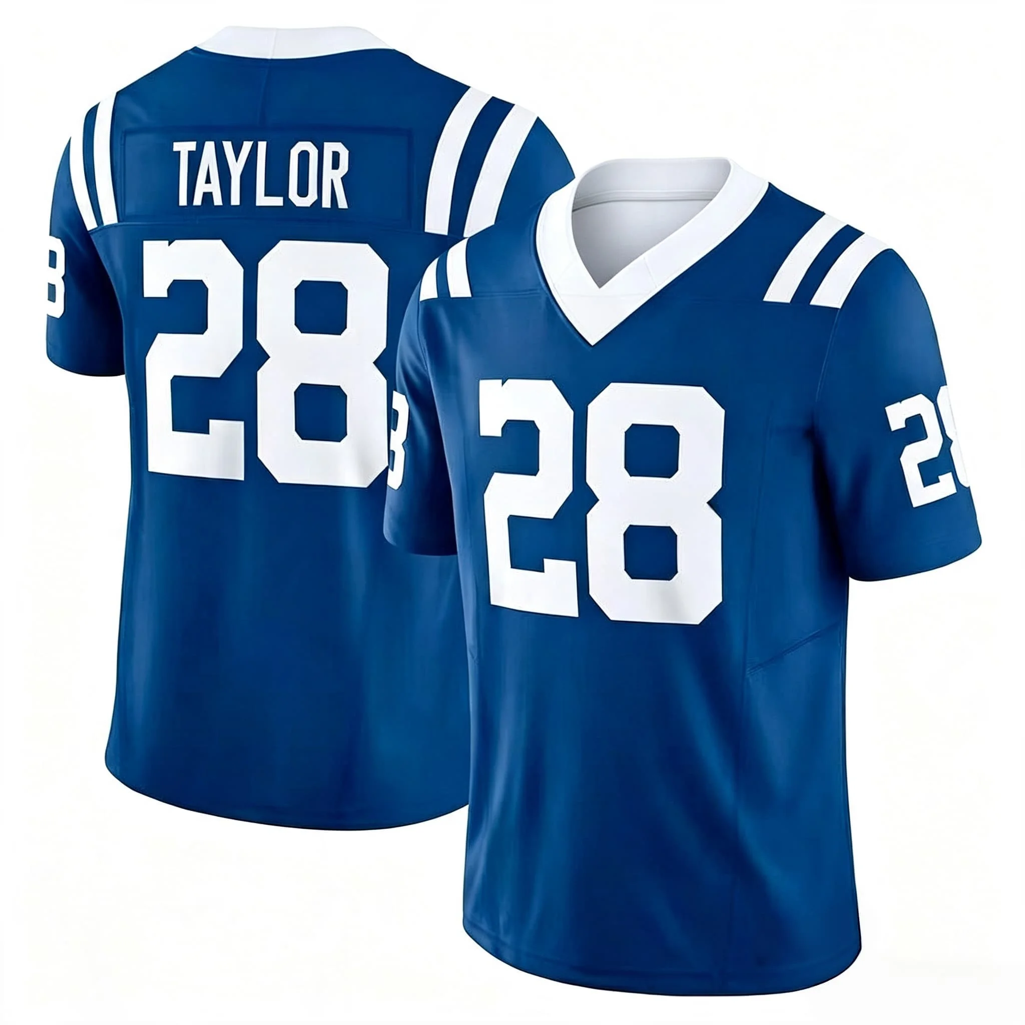 Herren # 28 Taylor American-Football-Trikot V-Ausschnitt Kurzarm Sport-Oberteil mit Name und Nummer Fan-Uniform Blau Weiß Familien-Set
