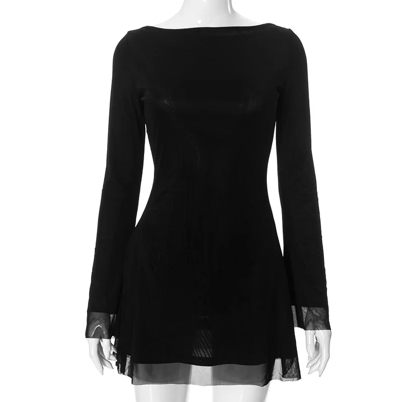 Mesh Backless Fashion Dress For Women Sexy Long Sleeve Lace-Up Slim Patchwork Bandage Dress Women's Solid Autumn Dress New