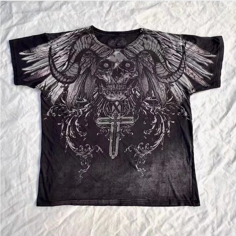 Men's Gothic Anime Printed T-Shirt - Cartoon Graphic Tee, Retro Hip Hop Street Style Top - View #7