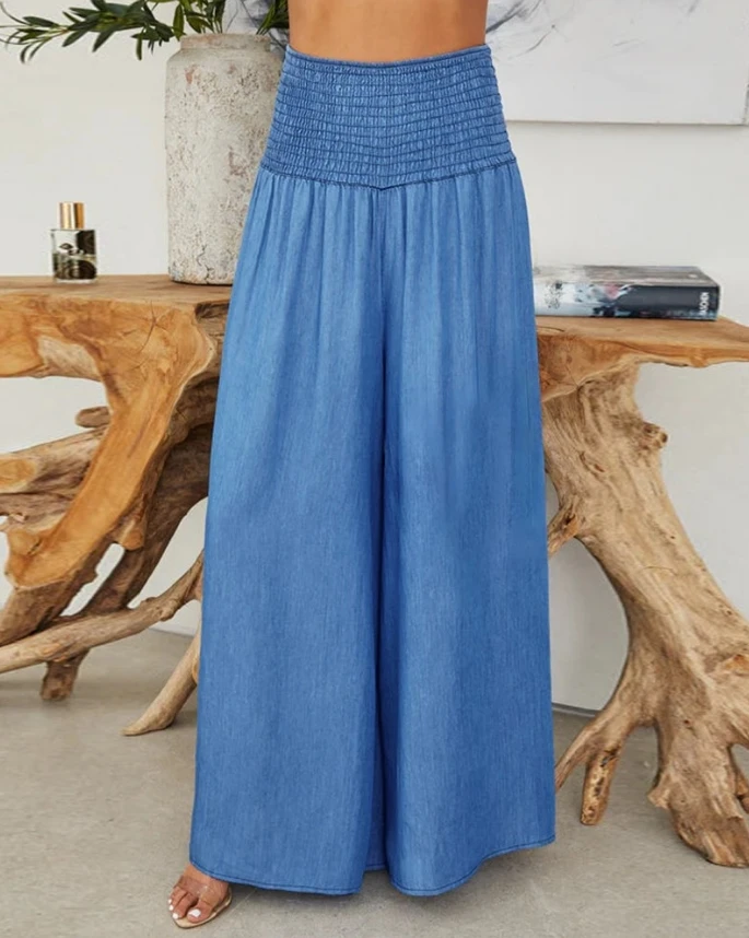 

Solid Color High Waisted Ruffled Elastic Waist Design, Super Loose Wide Leg Jeans, Blue Pleated Women's Casual Commuting Pants