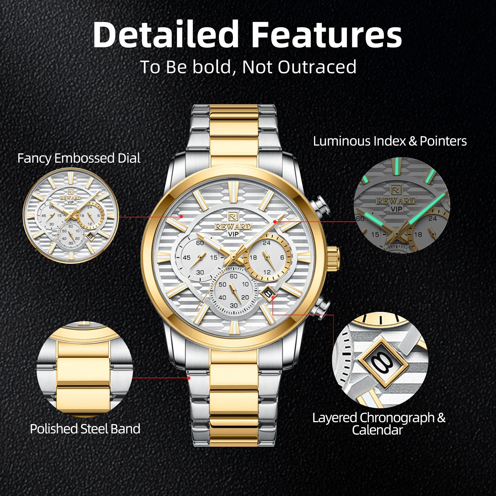 REWARD VIP New Design Luxury Quartz Watches for Men Chronograph Luminous Waterproof Date Stainless Steel Sport Men's Wristwatch