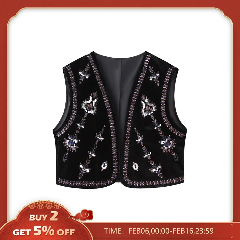 Chaleco corto de terciopelo con bordado de flores y lentejuelas para mujer, chaqueta Vintage sin mangas, cárdigan informal, Tops CT5465