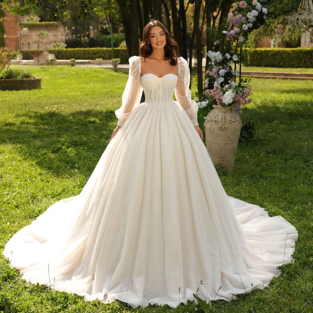 Exquisite A-Line Women Wedding Dresses Elegant Lace Shine Sequins Bridal Gowns Mopping Length Ball Vestidos De Novia Customized 5