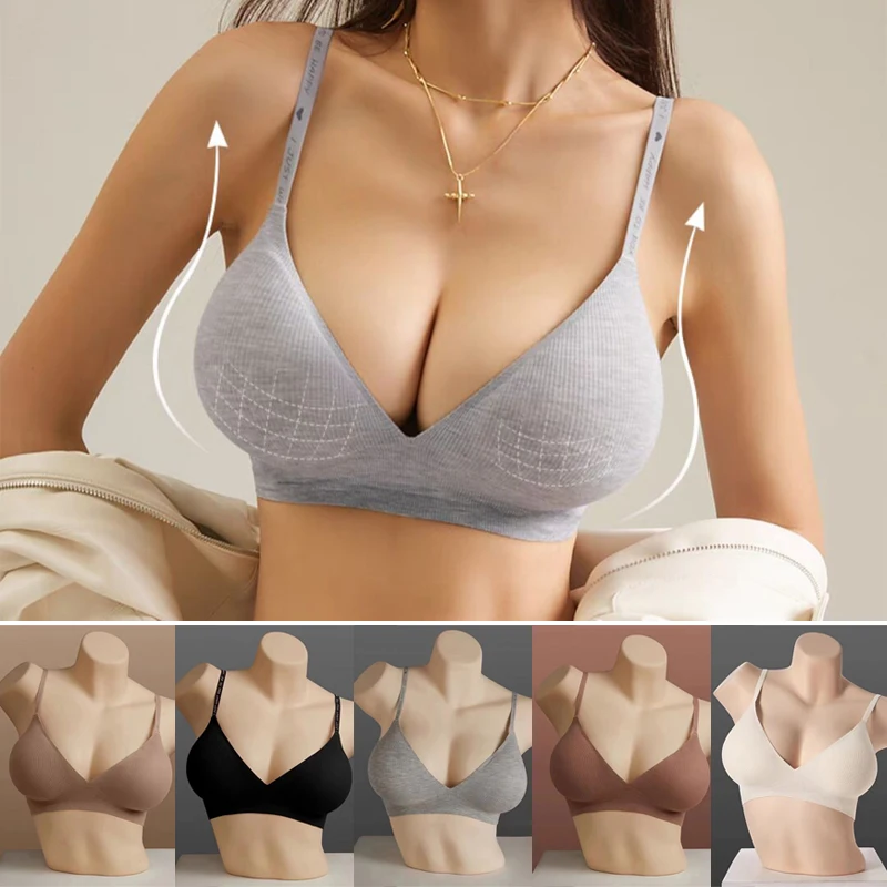 Women Sexy Seamless Bras Deep V Neck Bralette Sexy Lingerie Letter Strap Tops Push Up Underwear Wireless Brassiere for Female 2