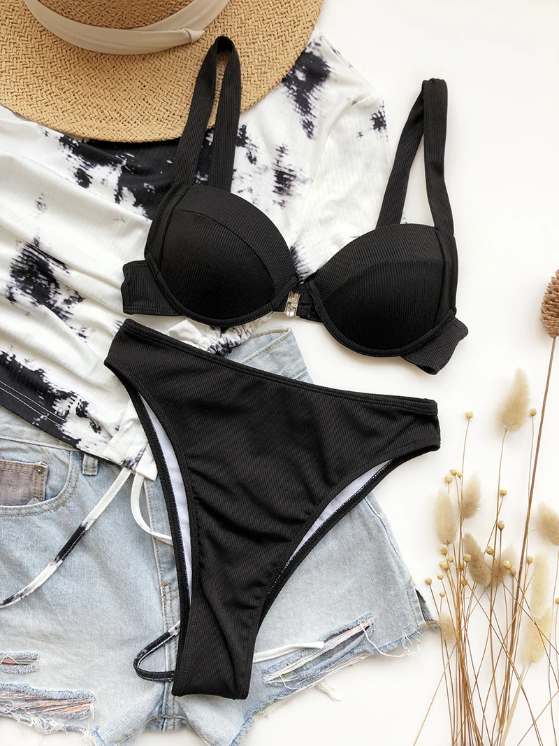 brown bikini set Ribbed Underwire Bikini Set Swimsuit for Women New Solid Swimwear 2022 High Waist Bathing Suit Summer Push Up Bikinis Beachwear bikini set sale